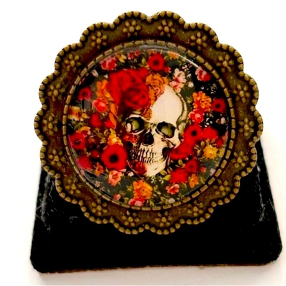 Floral and Skull Print 25mm Handmade Adjustable Ring, NWT, Unworn